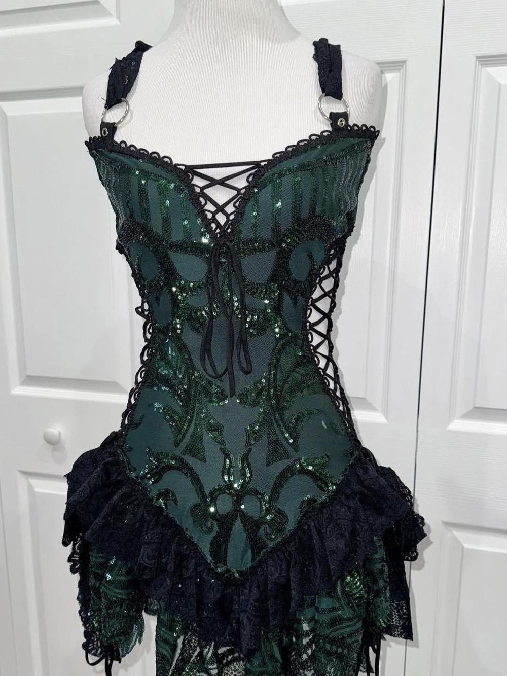 Vanishing Fae Forest Green Sequin Lace-Up Mini Dress with Lacs Black Trim Size M